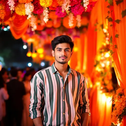 Prompt: In a vibrant, decorated setting, a young man stands confidently, wearing a green and white striped button-up shirt. His expression is composed, and his stance, with hands in his pockets, adds to his relaxed demeanor. The background features colorful decorations, with draping orange fabric and a cascade of flowers hanging above, creating a festive atmosphere reminiscent of a celebration or gathering. Dim lighting highlights the depth of the scene, where blurred figures of guests can be seen mingling in the background, enhancing the sense of a lively event. The overall mood captures a blend of social warmth and celebration, inviting viewers into a moment filled with joy.