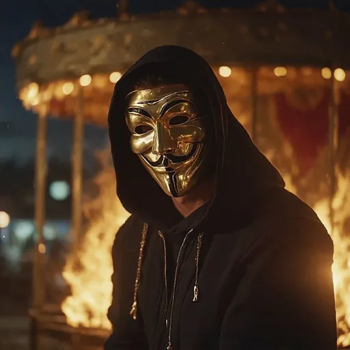 Prompt: Ultra detailed oil painting of a man enshrouded in a black hoodie and adorned with a gold anonymous mask in a luxury Rolls Royce, positioned near a fiery carousel, the gleaming afternoon-turned-to-night light bathes him in radiant warmth from a fire veiled from view, raindrops decorating the surreal scene, silhouette illuminated by the mysterious inferno, envisioned lights piercing through the del