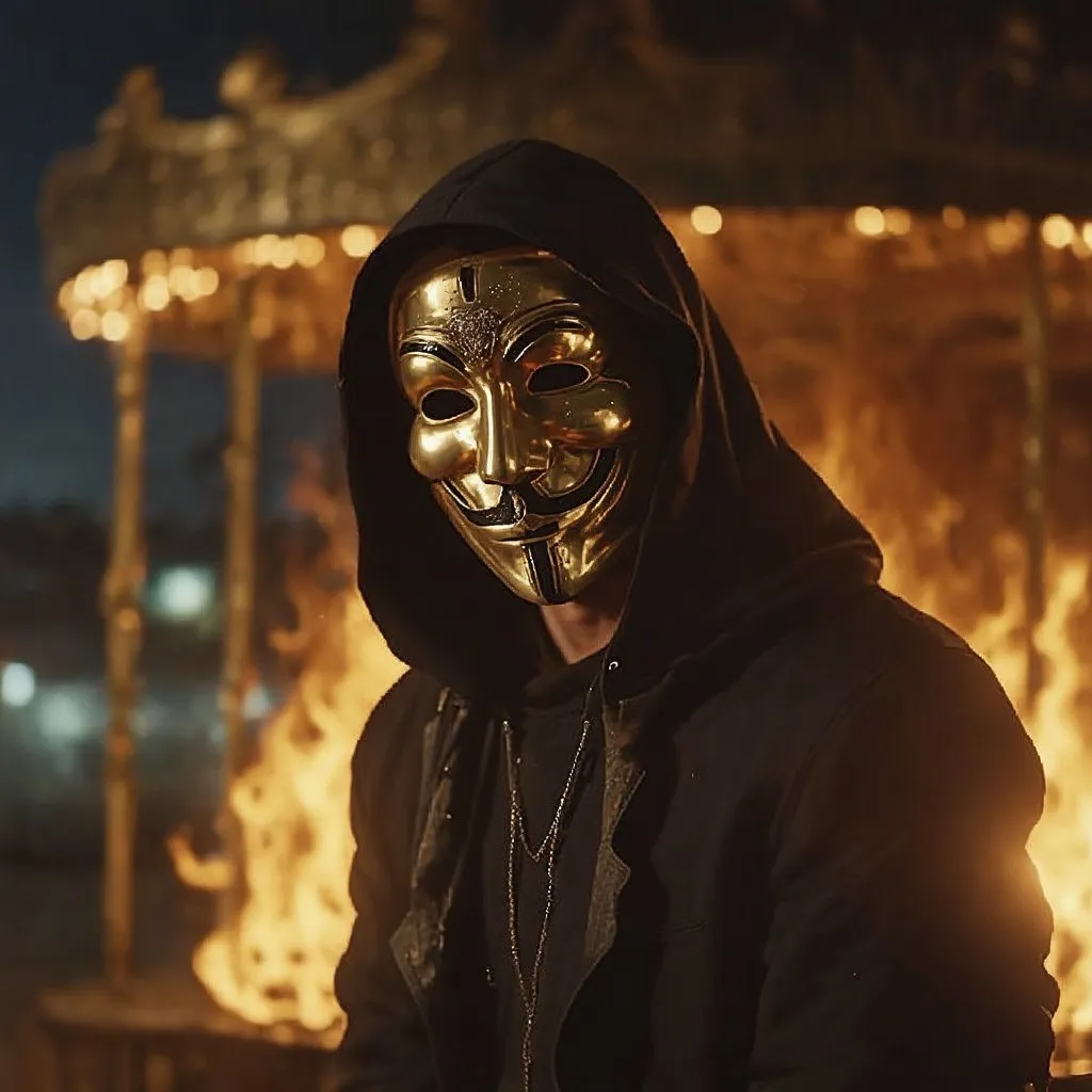 Prompt: Ultra detailed oil painting of a man enshrouded in a black hoodie and adorned with a gold anonymous mask in a luxury Rolls Royce, positioned near a fiery carousel, the gleaming afternoon-turned-to-night light bathes him in radiant warmth from a fire veiled from view, raindrops decorating the surreal scene, silhouette illuminated by the mysterious inferno, envisioned lights piercing through the del