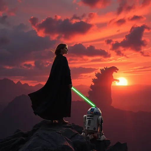 Prompt: On a mountain peak, bathed in the glow of a setting sun, stands an enigmatic figure. A young woman, dressed in a long black robe billowing in the wind, holds a green lightsaber firmly in one hand, her gaze fixed on a distant horizon. At her feet, the famous droid R2-D2 seems to share her contemplation. In the background, dominating a landscape of rugged mountains, looms the gigantic silhouette of Godzilla, who appears to be fleeing an unseen threat. The sky, a fiery red, is streaked with dark clouds, a prelude to an impending storm. This scene, steeped in mystery and tension, suggests an imminent confrontation between cosmic forces. The woman, a solitary warrior, appears to be the last defense against a threat that could very well annihilate the world.