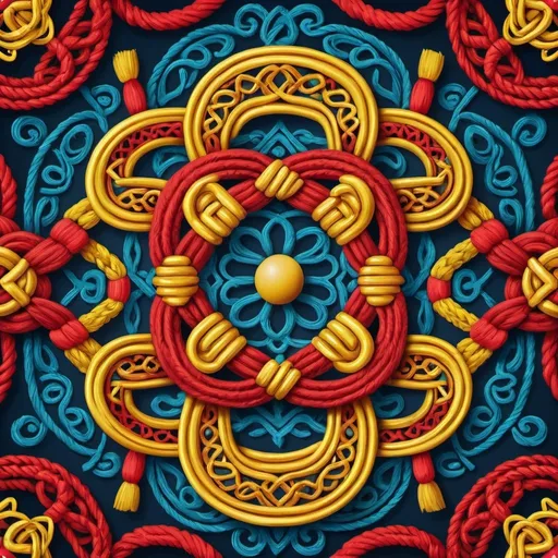 Prompt: Chinese ethnic knots pulling from four corners, vibrant colors, intricate details, high quality, digital illustration, traditional Chinese art, colorful, ornate knots, symbolic imagery, detailed patterns, dynamic composition, vibrant hues, high resolution