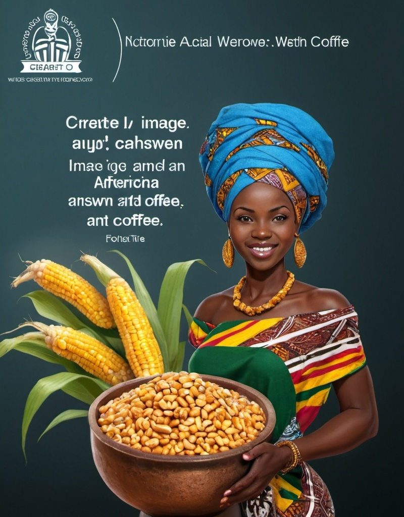 Prompt: create an image of an african lady with  maize, cashew nuts, pulses, rice, beans, and coffee.
