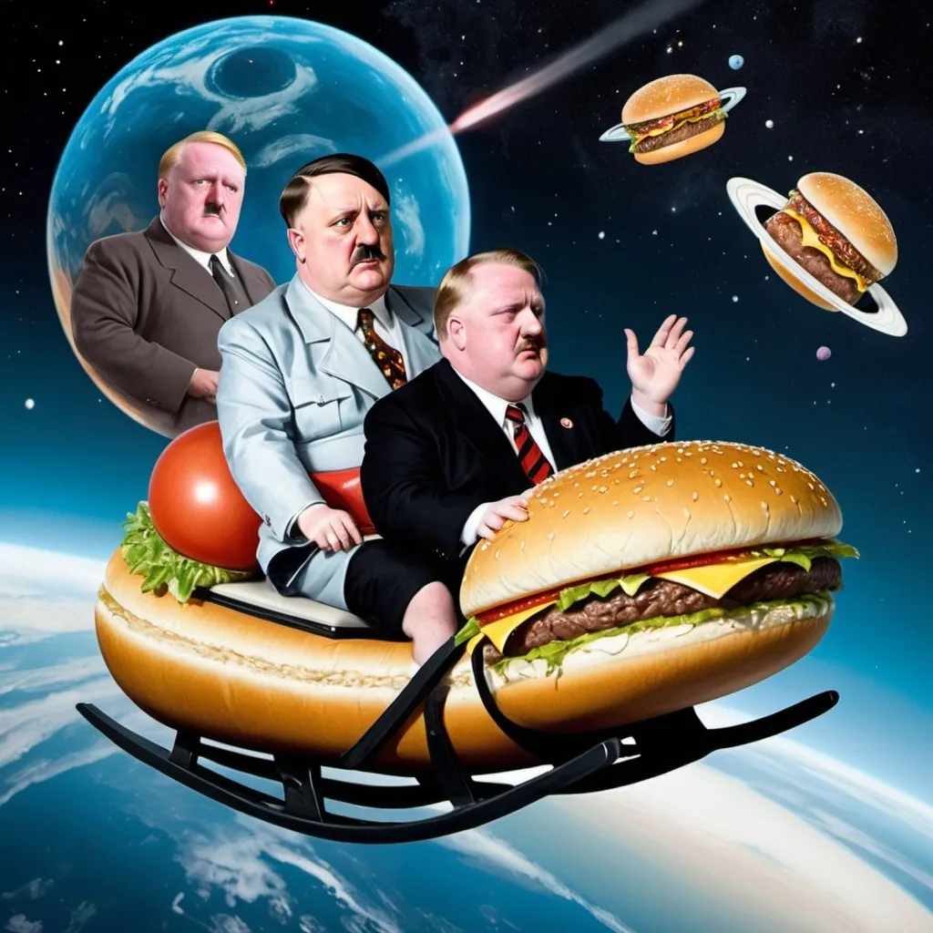 Prompt: Adolf Hitler in his pajamas riding a toboggan through space while an enormous floating head of mayor rob Ford stares at a planet sized hamburger