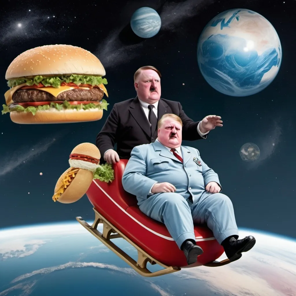 Prompt: Adolf Hitler in his pajamas riding a toboggan through space while an enormous floating head of mayor rob Ford stares at a planet sized hamburger