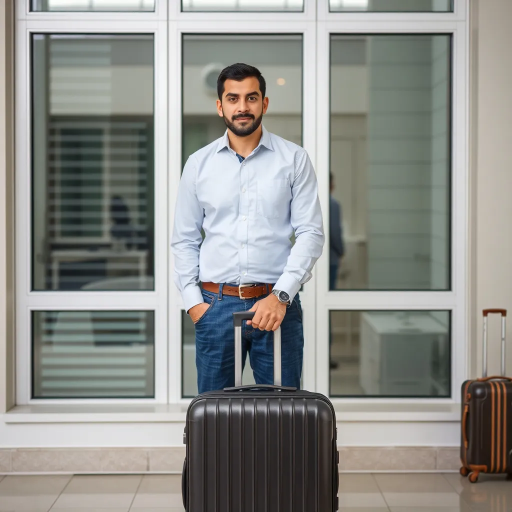 Prompt: a man standing in front of a window with a suitcase in front of him and a suitcase in the background, Abdullah Gërguri, plasticien, professional photo, a stock photo