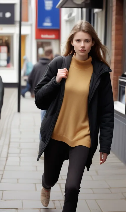 Prompt: Tall young woman walking down the high street, detailed clothing, realistic, natural lighting