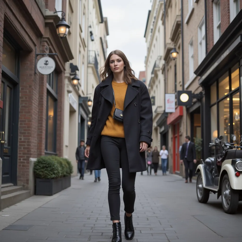 Prompt: Tall young woman walking down the high street, detailed clothing, realistic, natural lighting