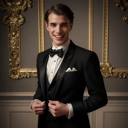 Prompt: Man in a tuxedo and bow tie, smiling confidently at the camera with hands in pockets, exquisite rococo background, soft lighting accentuating rich textures, elegant and refined atmosphere, highly detailed clothing, photorealistic quality, professional studio setup, ultra-detailed digital rendering, warm tones blending harmoniously with subtle shadows, captivating expression, and classic elegance.