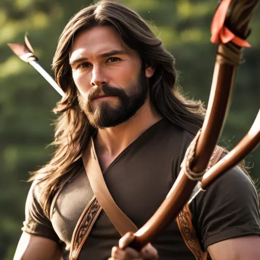 Prompt: a fit adult man with long brown hair a full beard holding a bow and arrow