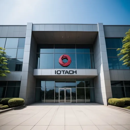 Prompt: A wide-angle full-body shot of the entrance of an industrial automation company named IOTAChi, with a subtle reference to Itachi Uchiha, brother of Sasuke and friend of Naruto, in a modern high-tech office building, with sleek, futuristic design elements and the company logo prominently displayed, during a bright midday with natural light streaming through large windows, shot with a Sony A7R IV, 28mm lens, vibrant colors.