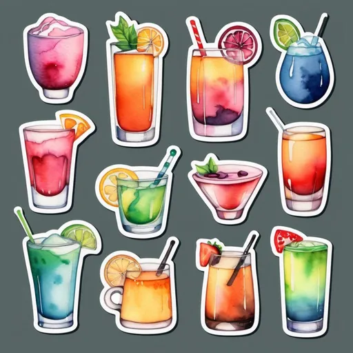 Prompt: Set of stickers of watercolor style drinks. 