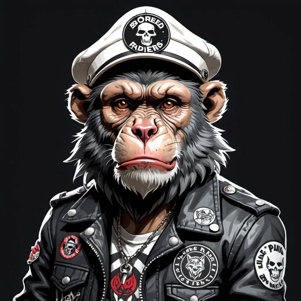 Prompt: Bored Raider that is a cross between a wolf and chimp wearing a white captain hat and punk jacket with patches and designs, one patch saying “Bored Raiders”