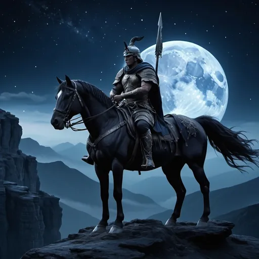 Prompt: realistic image of warrior on his horse on the cliff of the mountain in the night with sky full of stars