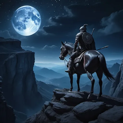 Prompt: realistic image of warrior on his horse on the cliff of the mountain in the night with sky full of stars