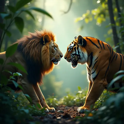 Prompt: hyper-realistic, cinematic 8k masterpiece, full-body profile of a lion and tiger, facing each other in a dramatic jungle setting, lush greenery, shafts of sunlight filtering through dense foliage, intense expressions, poised for battle, high level of detail and texture, powerful stances, vibrant colors, captivating and suspenseful atmosphere, ultra-detailed, nature's raw beauty, cinematic depth, epic confrontation
