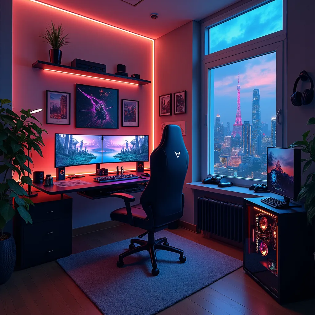 Prompt: best gaming room luxirys Create a highly detailed, realistic gaming room with modern, high-end technology. The room should feature a large gaming desk with dual or triple curved monitors, a mechanical keyboard with RGB lighting, and a gaming mouse. There should be a comfortable ergonomic gaming chair with plush padding, and ambient LED strip lights on the walls and under furniture, creating a dynamic atmosphere. Include a sleek PC tower with visible RGB components and a high-end headset hanging from a stand. The room should have a cozy vibe with gaming posters on the walls, a few game consoles, and maybe a mini-fridge stocked with drinks. Soft, warm lighting adds to the immersive, stylish, and futuristic feel of the room