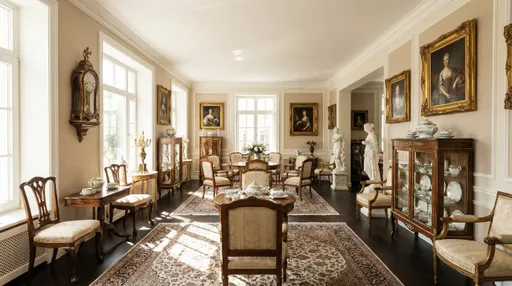 Prompt: An elegant and classic showroom interior, wide angle view. A sophisticated room decorated with antique furniture such as ornate wooden chairs and tables, classical framed paintings on the walls, a grandfather pendulum clock, a glass cabinet with fine porcelain, Persian rugs on the floor, statues and vintage decorative items. The atmosphere is refined and timeless, with a neutral color palette of beige, ivory, gold, and dark brown. Soft natural lighting enhances the textures and details, creating a luxurious and welcoming ambiance. No text.