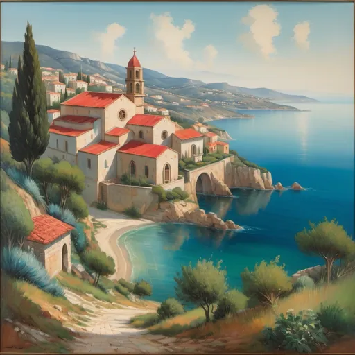 Prompt:  This is a vibrant landscape painting depicting a Mediterranean or coastal scene with several distinctive elements:

The painting features:
- Red-roofed buildings clustered on a hillside
- A church or chapel with what appears to be a bell tower or steeple
- Blue water in the background, suggesting a sea or large lake
- Rolling hills or dunes in the distance
- Lush green vegetation, including what appear to be cypress or similar Mediterranean trees
- Orange/terracotta colored terrain

The artistic style is bold and expressive, with:
- Strong, vivid colors, particularly the contrast between the orange-red roofs and deep blue water
- Energetic brushstrokes that create a sense of movement, especially visible in the sky
- A warm color palette dominated by oranges, reds, and greens
- Simplified forms that capture the essence of the Mediterranean landscape
- Dynamic composition that leads the eye from the buildings down to the water

The overall effect is reminiscent of French or Mediterranean coastal villages, with architecture typical of these regions perched above a beautiful waterfront. The painting captures the warm, sunny atmosphere of a Mediterranean seaside setting with its bright colors and animated style.