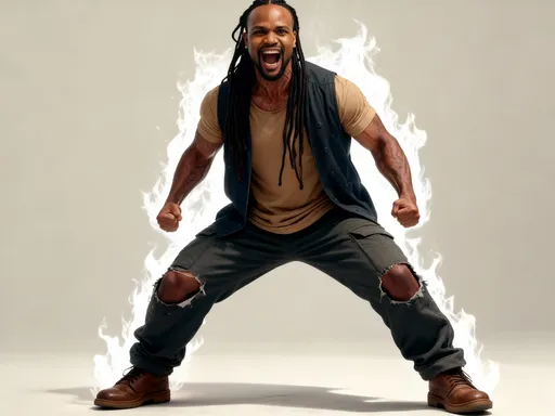 Prompt: @Me being surrounded by white fire all around his body  with a look of determination and dominance.
A powerful, muscular man with long black dreadlocks in an aggressive battle stance, legs spread wide, fists clenched tightly at his sides. He is roaring with raw intensity, mouth wide open, veins visible along his arms and neck, conveying explosive rage and strength. He wears a fitted tan short-sleeve shirt that stretches across his muscular torso, a dark sleeveless vest, rugged dark pants torn at the knees, and worn brown leather boots. His skin glistens slightly as if from sweat, emphasizing realism and physical power.

The camera is positioned at a slightly low angle, capturing his full body and enhancing his dominance and heroic presence. Neutral studio background with soft, even lighting that highlights muscle definition and facial detail. Ultra-realistic, cinematic lighting, sharp focus, high contrast, dramatic shadows, hyper-detailed textures, photorealistic style, 8K quality, epic intensity, action-ready pose, primal warrior energy.
