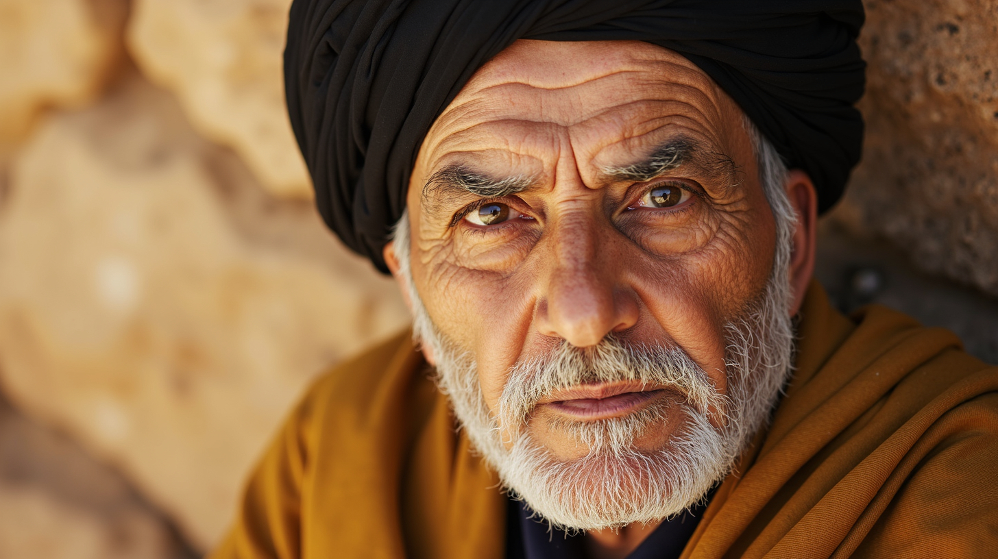 Prompt: An elderly man gazes intensely, his deep-set eyes reflecting wisdom and experience, framed by a striking black turban and a rich, mustard-colored robe. His weathered face, marked by deep lines and graying beard, tells a story of years lived and challenges faced. The background is softly blurred, suggesting a warm, sunlit environment, perhaps in a desert or ancient town, which adds depth to the scene. The warm lighting enhances his features, accentuating the narrative of resilience and dignity that he exudes, creating a compelling portrait that invites the viewer to ponder his life experiences.