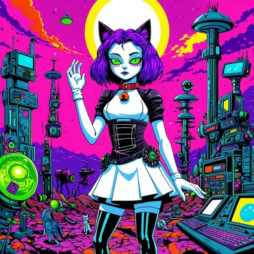 Prompt: a cat girl with saturated purple hair green eyes with thigh high socks a white skin tight dress and white gloves that imitate paws she also wears a red collar with a bell her cat ears and tail are pure white aetherpunk anime auroracore biopunk cassette futurism clockpunk comic art cyberpunk dark academia dieselpunk dreamcore dystopian glitchcore horror landscape fairycore post-apocalyptic fantasycore prehistoricore futuristic fantasy retro synthwave vaporwave retrofuturism zombiecore sci-fi solarpunk spacecore steampunk academic art ashcan school concept art expressionism futurism Harlem renaissance hypermodernism lyrical abstraction maximalist modern European ink painting photorealism movie poster pop art pre-raphaelitism pointillism precisionism qajar art renaissance painting retrofuturism romanticism romanesque storybook illustration neo-primitivism 