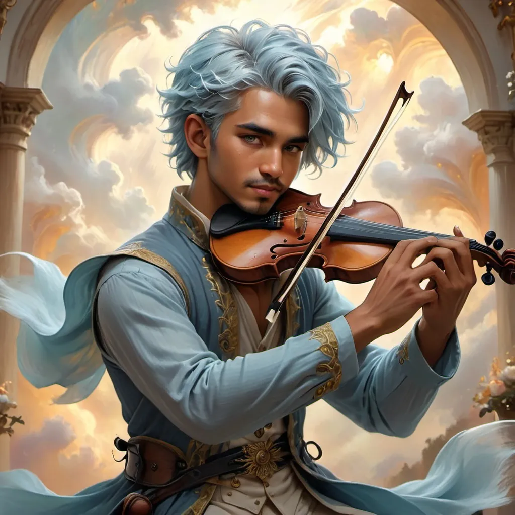 Prompt: A male air genasi with tan skin, some light facial hair, short and dark pale blue hair, and hazel eyes, playing a violin.