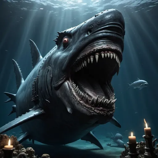 Prompt: megladon feasting on the titanic on the bottom of the ocean in realistic 3d, dark fantasy detail
with monster lurking in the shadows







