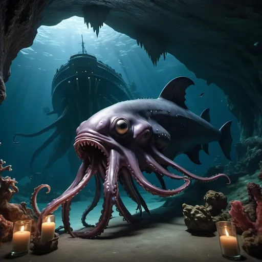 Prompt: megladon feasting on the titanic on the bottom of the ocean in realistic 3d, dark fantasy detail
with monster squid lurking in the shadowy underwater cave







