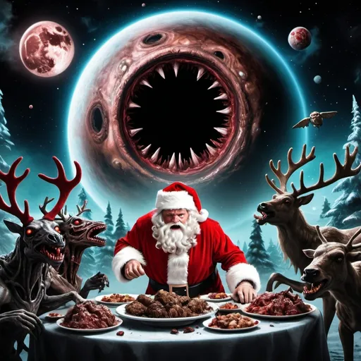 Prompt: deep space horror scene with face huggers and chest busters and a black hole  dark art with santa claus and his reindeer flying past a planet in the background while zombies eat santas brains







