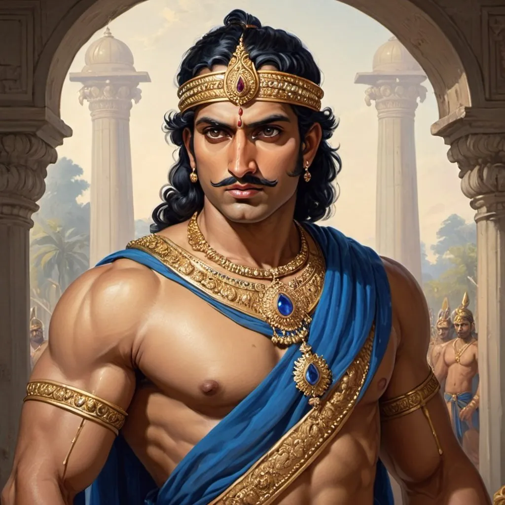 Prompt: the Indian king Porus of Hydaspes. light-skinned with black hair, dressed in blue clothes wearing gold jewellery, muscular build and tall