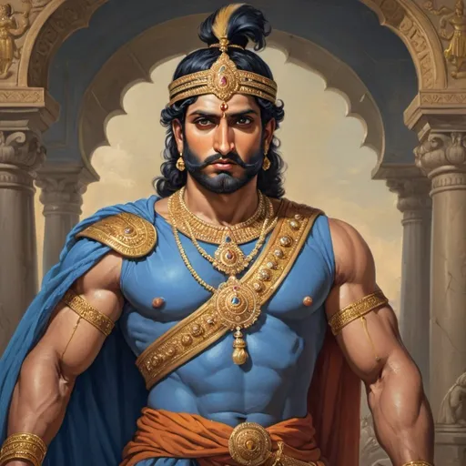 Prompt: the Indian king Porus of Hydaspes. light-skinned with black hair, dressed in blue clothes wearing gold jewellery, muscular build and tall