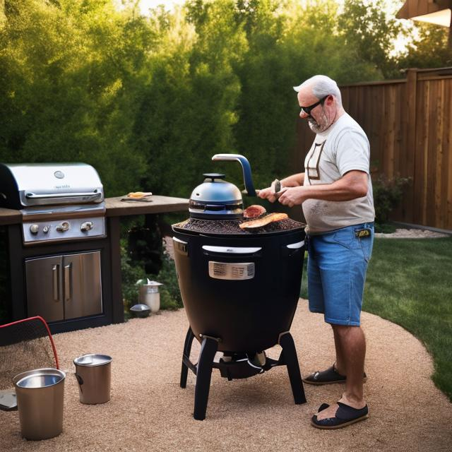 Prompt: American middle age man grilling in the yard, kamado Joe, animation

