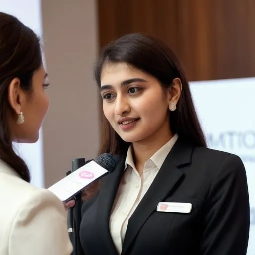 Prompt: Beautiful lady wearing formal suit and corporate brand rectangle badge addressing guest at event
