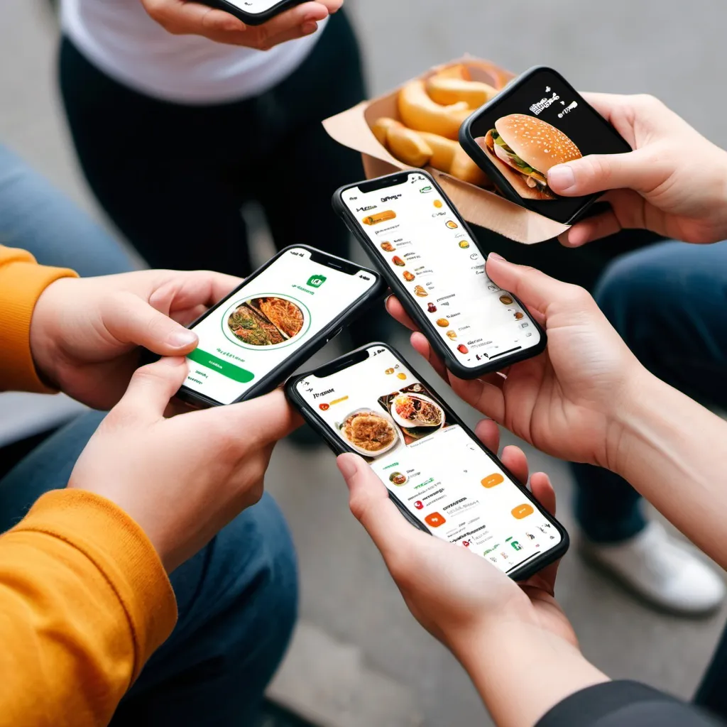 Prompt: People using food delivery apps on their phones.