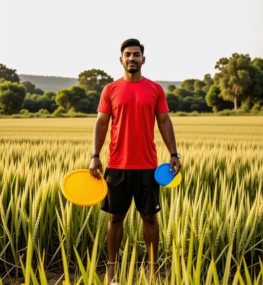 Prompt: a man standing in a field with a frisbee in his hand and a frisbee in his other hand, Bikash Bhattacharjee, samikshavad, jayison devadas, a picture