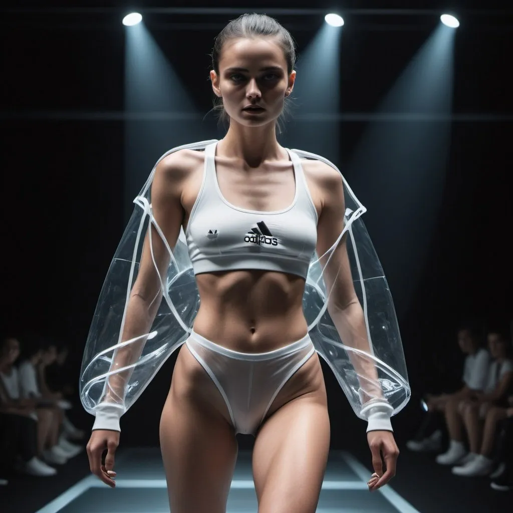 Prompt: sport adidas fashion transparent ultra short wear model defile podium amidst the cinematic ultra futuric stage at darkness, cinematic thin with ideal forms, sharp focus, high sneakers. dilated pupils, transparent cinematic exposes her glisten glared full body cinematic 