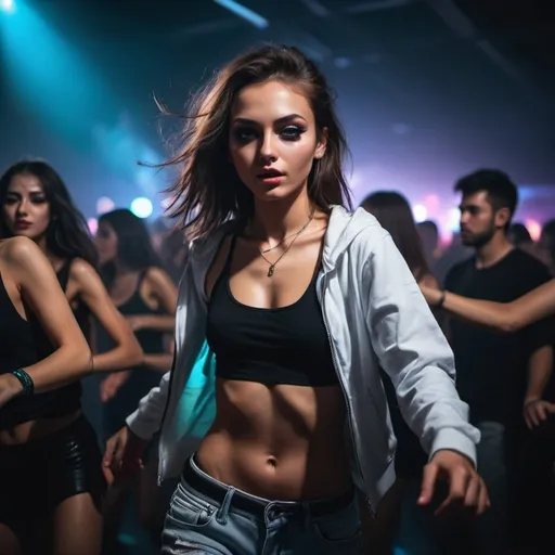 Prompt: close up music dancing sport fashion model exposed amidst the edm party crowd at darkness, thin with ideal forms, glared at shuffle dancing, sharp focus, sneakers.