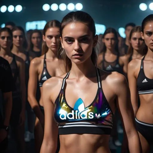 Prompt: transparent sport adidas fashion bekini model defile podium amidst the cinematic edm party crowd at darkness, cinematic thin with ideal forms, sharp focus, high sneakers. dilated pupils, transparent cinematic exposes her glisten glared full body cinematic 