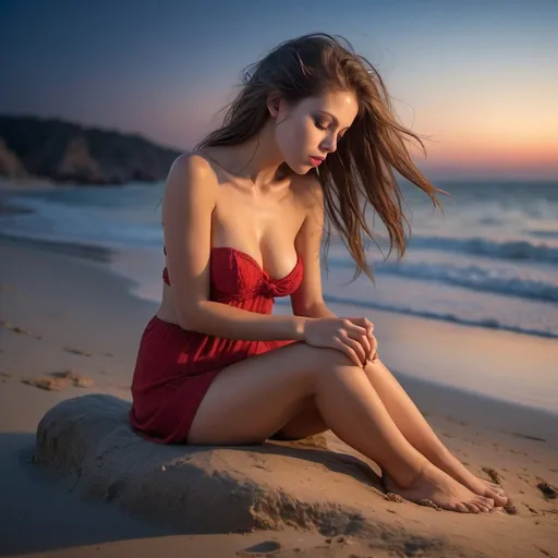 Prompt: a sutry extremelly beautiful lustful woman with an ideal forms in a extremely sheer red mini underwer sitting on a rock on the beach with her hair blowing back and her eyes closed, 1girl, barefoot, beach, footprints, ocean, outdoors, photo background, realistic, sand, late night, water