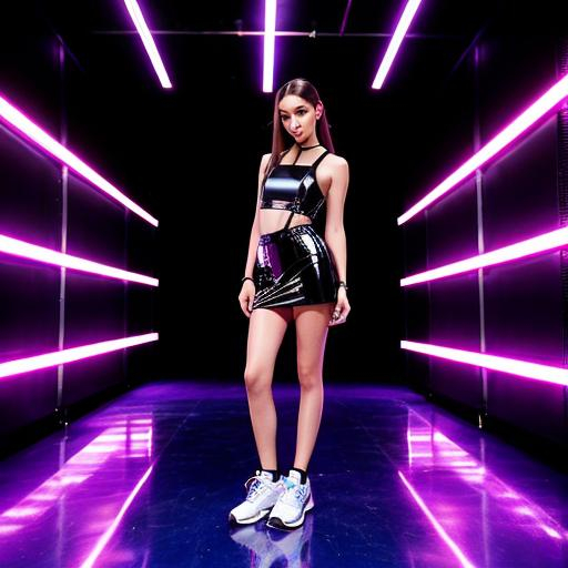 Prompt: full body shot of a revealing fashion model, thin figure, darkness, ultraviolet, techno interior, transparent latex overalls with a short transparent skirt, transparent, high sneakers, looking at camera alluringly, standing in a devious pose, hyperdetailed, beautiful composition