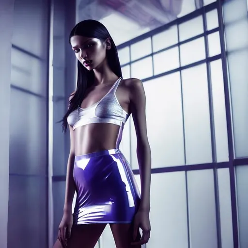 Prompt: revealing fashion model, thin figure, darkness, ultraviolet, techno interior, thong appearing underwear sticking out from under a short silver tight transparent latex dress with a short transparent skirt, transparent, high sneakers, looking at camera alluringly, standing in a devious pose, hyperdetailed, beautiful composition