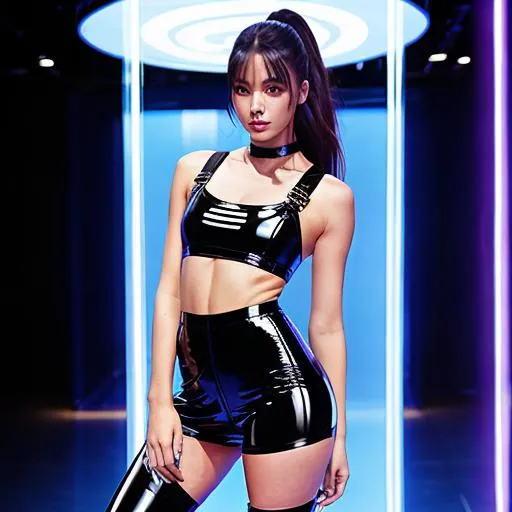 Prompt: full body shot of a revealing fashion model, thin figure, darkness, ultraviolet, techno interior, thong appearing underwear sticking out from under the short tight transparent latex overalls with a short transparent skirt, transparent, high sneakers, looking at camera alluringly, standing in a devious pose, hyperdetailed, beautiful composition
