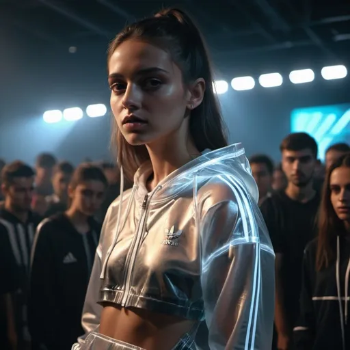 Prompt: close up cinematic transparent sport adidas fashion model defile podium amidst the cinematic edm party crowd at darkness, cinematic thin with ideal forms, sharp focus, high sneakers. dilated pupils, transparent cinematic exposes her glisten glared full body cinematic 
