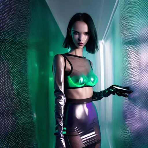 Prompt: revealing fashion model, thin figure, darkness, techno interior, ultraviolet,  fishnet gloves, thong underwear appearing sticking out from under a short silver tight transparent latex dress with a short transparent skirt, transparent, acidic green glowing high sneakers, smiling face, looking at camera alluringly, standing in a devious pose, hyperdetailed, beautiful composition