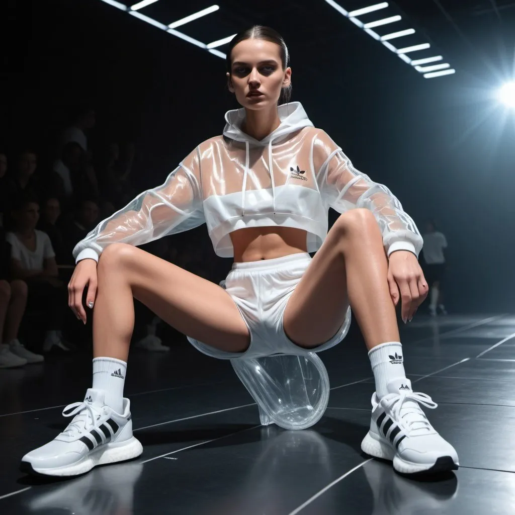 Prompt: sport adidas fashion transparent ultra short wear model defile podium amidst the cinematic ultra futuric stage at darkness, cinematic thin with ideal forms, sharp focus, high sneakers. dilated pupils, transparent cinematic exposes her glisten glared full body cinematic 