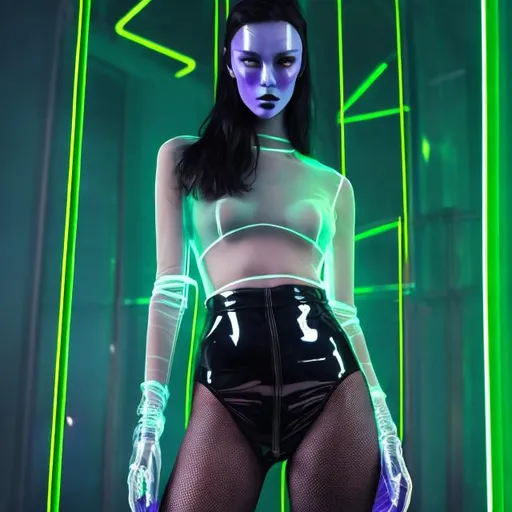 Prompt: revealing fashion model, thin figure, darkness, techno interior, silver, ultraviolet, thong underwear appearing sticking out from under a short tight transparent latex dress with an extremely short transparent skirt, transparent, fishnet gloves  knee socks, high sneakers, acidic green glowing, smiling face, looking at camera alluringly, standing in a devious pose, hyperdetailed, beautiful composition