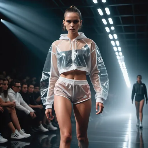 Prompt: sport adidas fashion transparent ultra short wear model defile podium amidst the cinematic ultra futuric stage at darkness, cinematic thin with ideal forms, sharp focus, high sneakers. dilated pupils, transparent cinematic exposes her glisten glared full body cinematic 