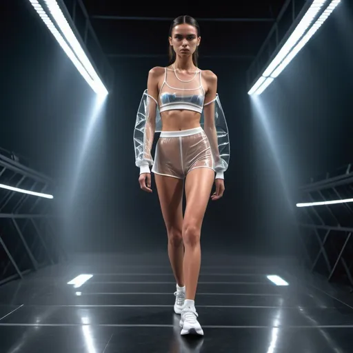 Prompt: sport adidas fashion transparent ultra short wear model defile podium amidst the cinematic ultra futuric stage at darkness, cinematic thin with ideal forms, sharp focus, high sneakers. dilated pupils, transparent cinematic exposes her glisten glared full body cinematic 