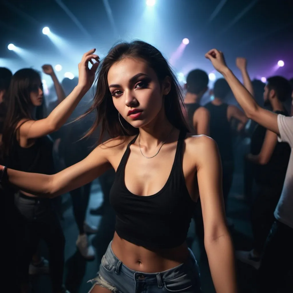 Prompt: close up music dancing sport fashion model exposed amidst the edm party crowd at darkness, thin with ideal forms, glared at shuffle dancing, sharp focus, sneakers.