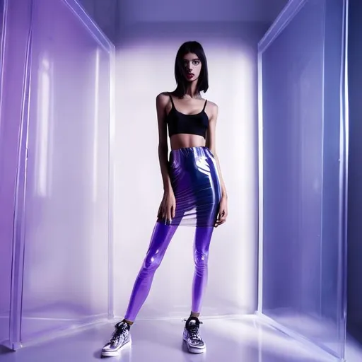 Prompt: revealing fashion model, thin figure, darkness, ultraviolet, techno interior, thong appearing underwear sticking out from under a short silver tight transparent latex dress with a short transparent skirt, transparent, high sneakers, looking at camera alluringly, standing in a devious pose, hyperdetailed, beautiful composition